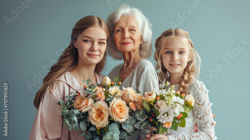 grandmother with her children and bouquet of tulips