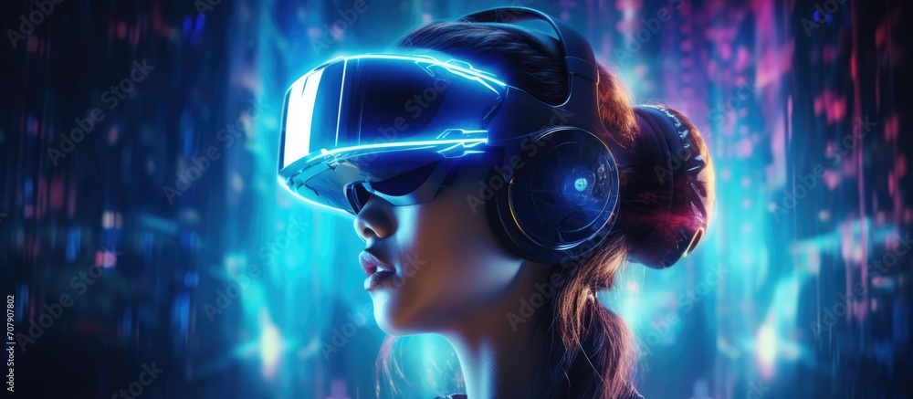 Fototapeta premium Virtual reality gaming. Futuristic girl controls hologram in neon blue cyberspace using advanced technology.