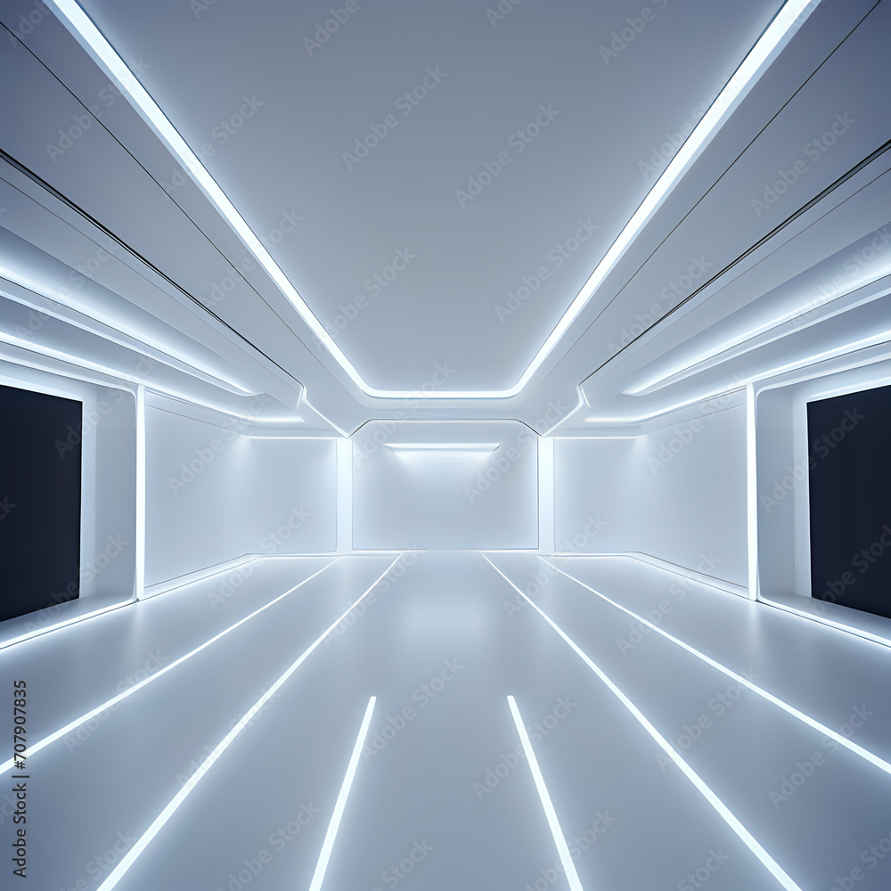 Empty space inside futuristic room, showroom, spaceship, hall or studio in perspective view. Include ceiling, hidden light, white floor. Modern background design of future - generated by ai Empty space inside futuristic room, showroom, spaceship, hall or studio in perspective view. Include ceiling, hidden light, white floor. Modern background design of future - generated by ai