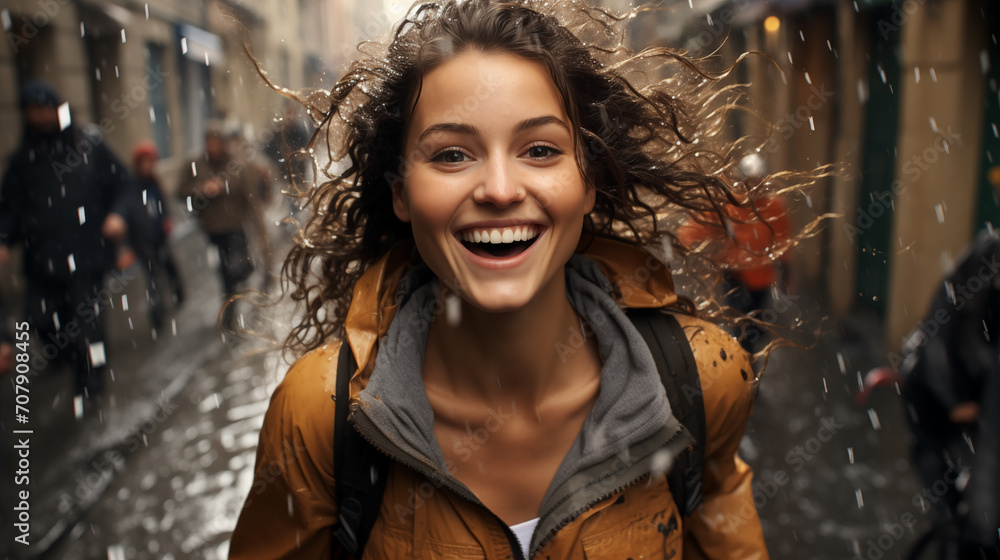 a beautiful young woman in a brown jacket running through the city in the rain. a beautiful young woman in a brown jacket running through the city in the rain.