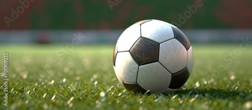 Soccer ball on field grass at stadium closeup.typical black and white pattern, placed on the white marking line of the stadium turf. © muza