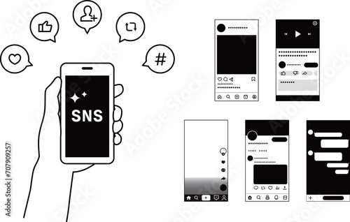 SNSのスマホ画面素材セット_モノクロ