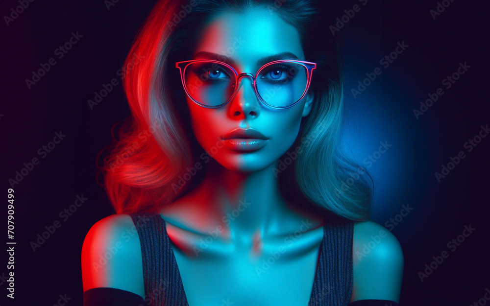 Fototapeta premium Woman wearing fashion glasses Neon lights purple blue red Retro style and technology Dark tones