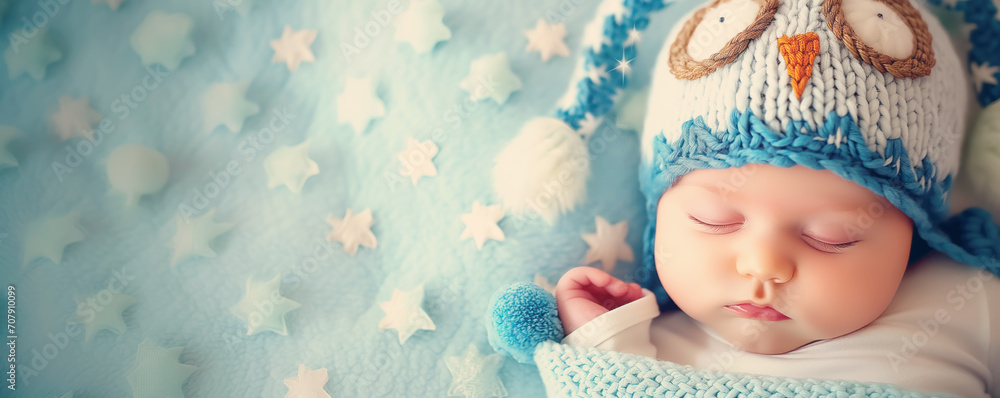 Cute baby in owl hat sleeping on soft blue blanket with stars. Concept of the family and parenting. Cute baby in owl hat sleeping on soft blue blanket with stars. Concept of the family and parenting.