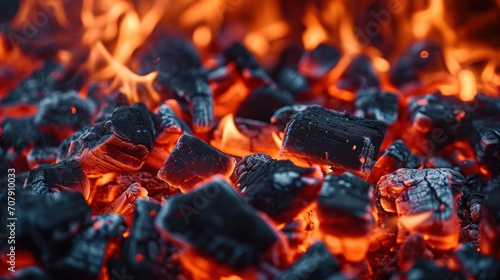 Intense fiery coals glowing in the depths of a dark grill, embers of heat and energy.
