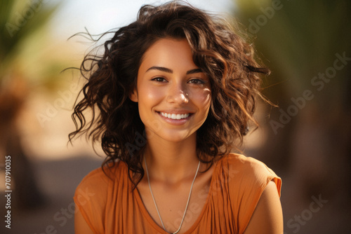 Close up portrait of a beautiful young woman with curly hair smiling outdoors photo