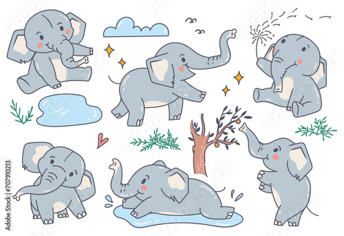 set of cute elephant cartoon character