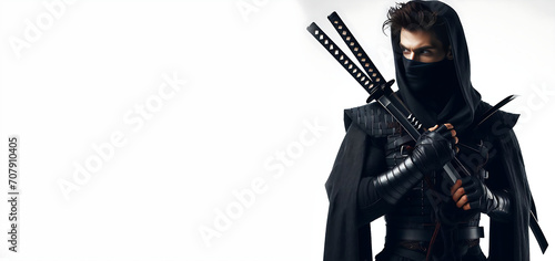 a photo of a japanese ninja assassin warrior with swords weapon and black ninja outfit. isolated on white studio background. posing with his body. ai generative