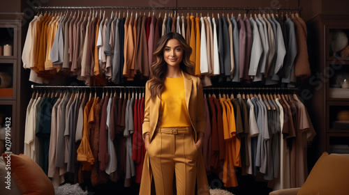 a woman in a closet. A woman stands in a dressing room against a backdrop of clothes racks