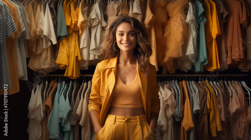 a woman in a closet. A woman stands in a dressing room against a backdrop of clothes racks