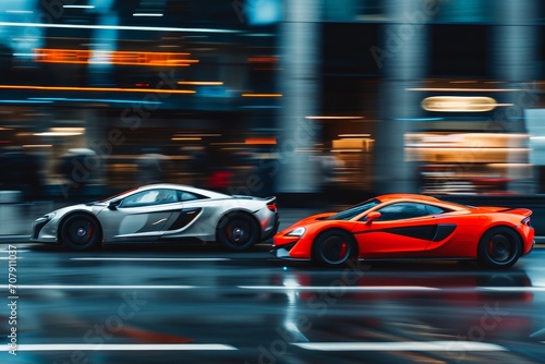 Two fast cars driving a race in a city.