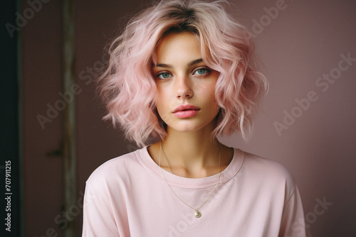 Portrait of a beautiful girl with pink hair on a pink background .