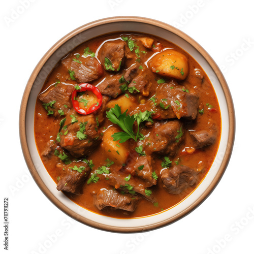 Beef curry with potatoes in bowl on transparent background