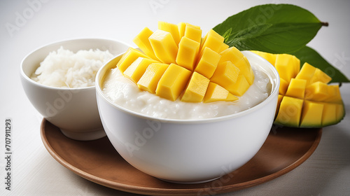 sticky rice with mango and coconut milk in a cup  photo