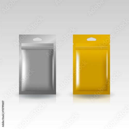 Silver and gold flat aluminum zip pouch with triangle hanging hole mockup for food, supplement or other product. Isolated on gray background. For package design. Realistic vector illustration.