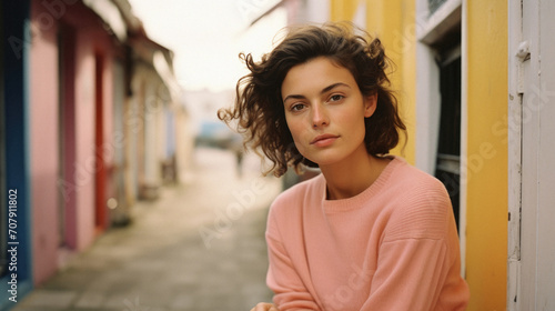 Portrait of a beautiful young woman with curly hair in a pink sweater on the background of the city .