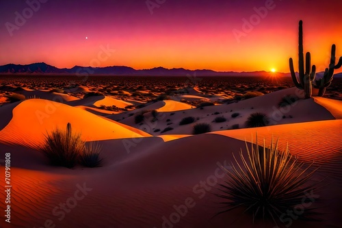A breathtaking desert landscape at twilight, with towering sand dunes, a colorful sky painted with hues of orange and purple, and the silhouette of cacti against the horizon.