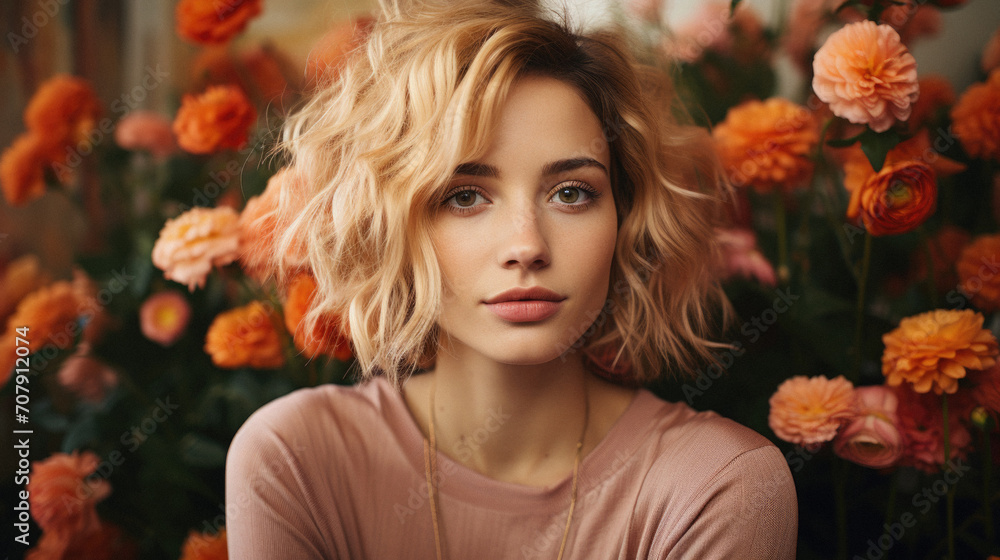 Portrait of a beautiful young woman with blond curly hair and makeup
