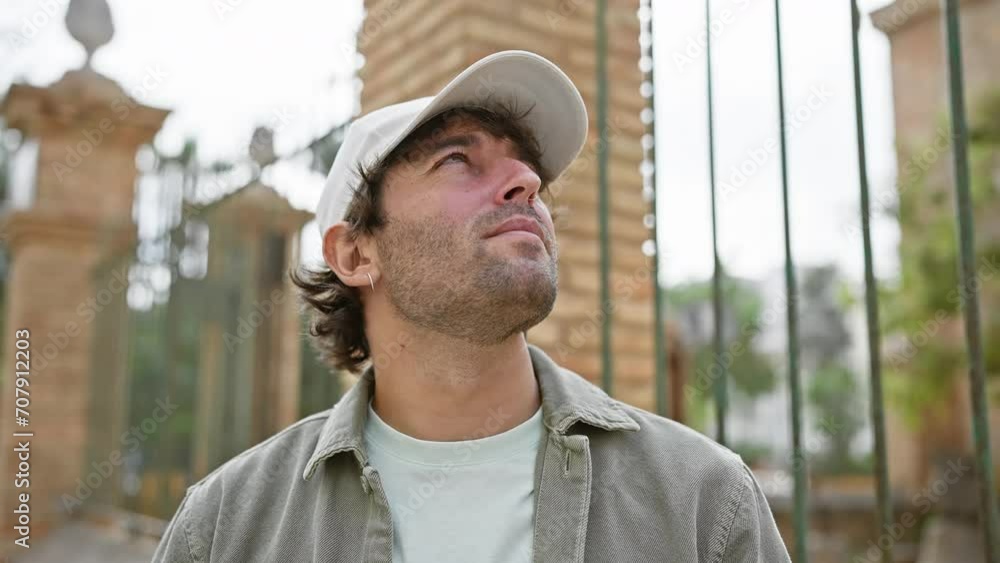 A pensive young caucasian man with a beard and cap looks up thoughtfully on a city street.