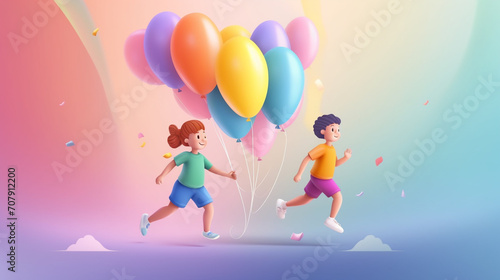 Kids running around with balloons. AI Generated