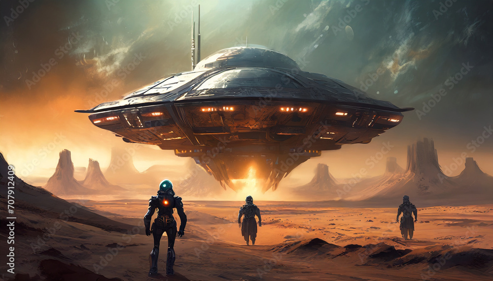 Spaceship landing in the desert. Alien creatures can be seen near the ship Spaceship landing in the desert. Alien creatures can be seen near the ship