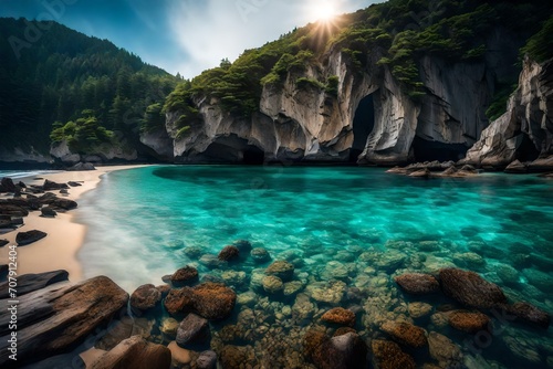 A secluded beach cove with crystal clear blue water, surrounded by towering cliffs, and the sound of waves gently lapping against the shore.
