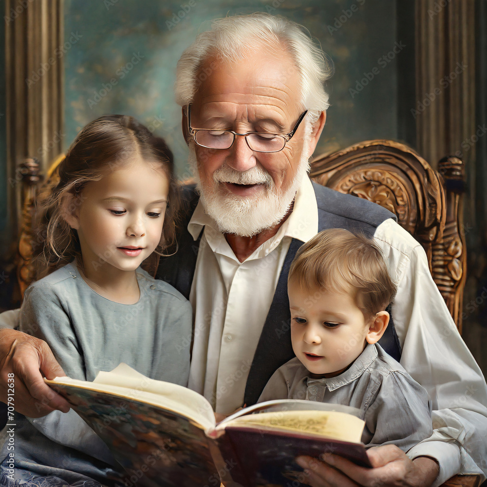 Dziadek czytający wnukom książkę - obrazy, fototapety, plakaty 