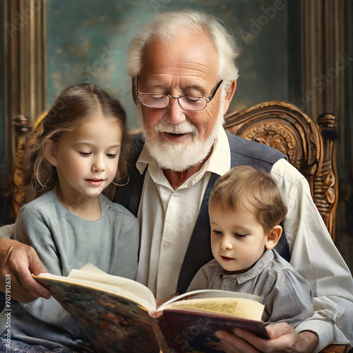 Dziadek czytający wnukom książkę