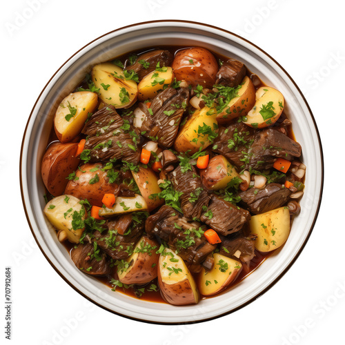 Beef stew with potatoes and carrots in a bowl isolated on transparent background