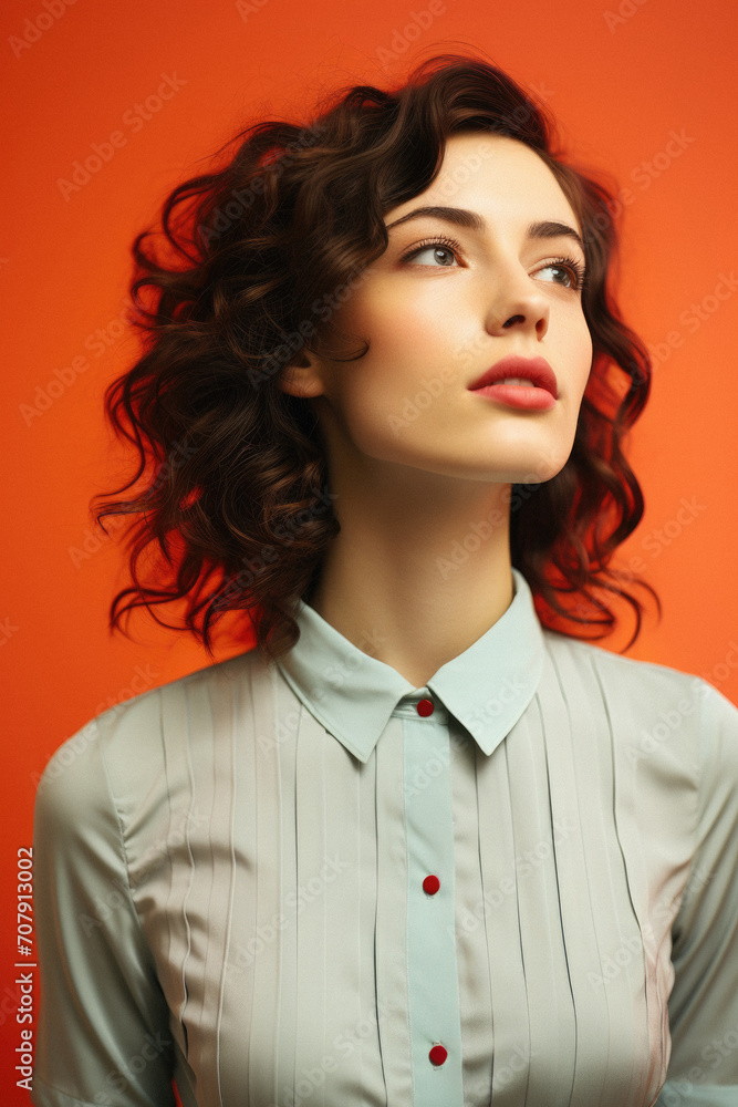 Portrait of beautiful young woman with curly hairstyle on orange background Portrait of beautiful young woman with curly hairstyle on orange background
