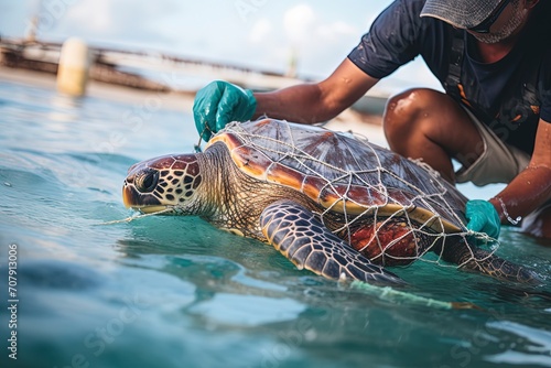 Man rescues sea turtle trapped in a fishing net, struggles in sea animal life. AI- Generated