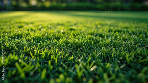 Lush perfectly manicured green turf of a sports field in the morning light photo