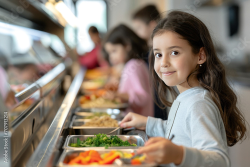 Cute elementary students at buffet line at lunchtime