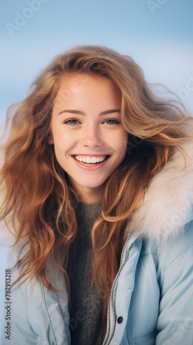 Beautiful smiling young woman in winter clothes looking at camera on blurred background © Synthetica