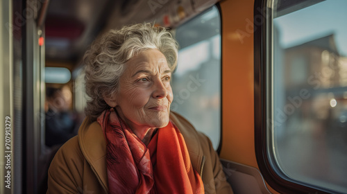 Older woman traveling on the train. Generated by artificial intelligence