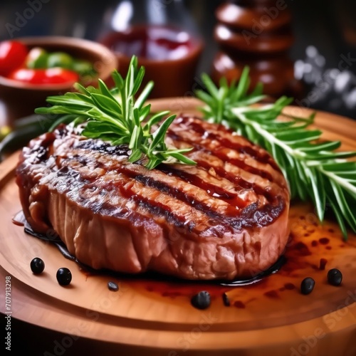 beef steak on a wooden dish with herbs on a dark background.
