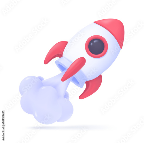 Rocket rising into space Startup business idea. Starting a new business for growth. 3D Vector Illustration.