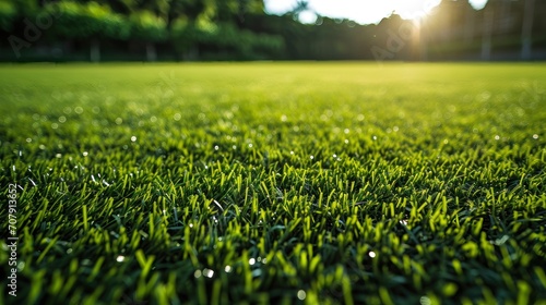 Lush perfectly manicured green turf of a sports field in the morning light photo