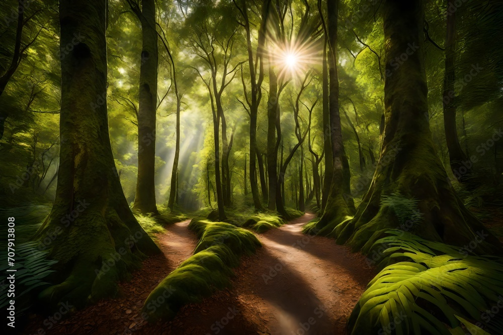 A winding hiking trail through a lush green forest, with sunlight filtering through the canopy of trees, creating dappled patterns on the forest floor. - obrazy, fototapety, plakaty 