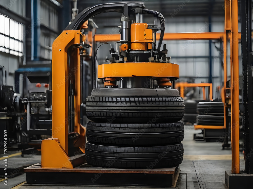 Tire plant stamping machine working process with rubber product on conveyor. Industrial modern automobile tyre production in automated factory Tire plant stamping machine working process with rubber product on conveyor. Industrial modern automobile tyre production in automated factory