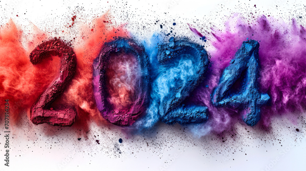 dust explosion 2024 typography for holi festival background and banner isolated on white background - obrazy, fototapety, plakaty 
