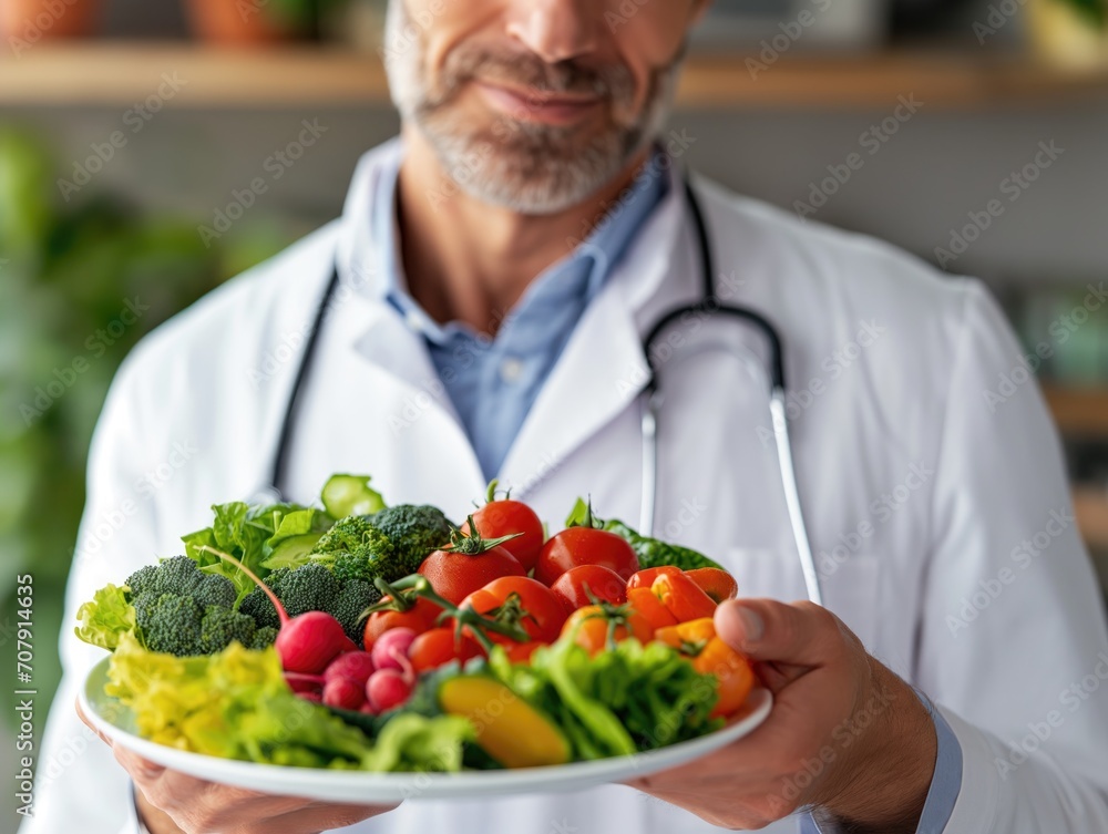 Premium Quality Close-Up: Doctor Promoting Healthy Eating with Fresh Fruit and Vegetables Premium Quality Close-Up: Doctor Promoting Healthy Eating with Fresh Fruit and Vegetables