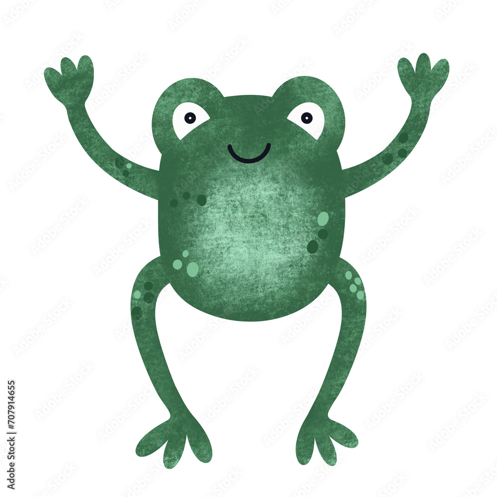 Obraz premium Cute jumping frog png. Hand drawn sticker of dancing toad. Amphibian standing on white background 