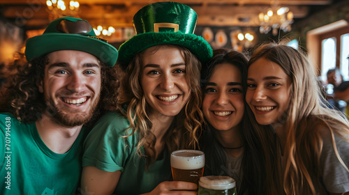 A cheerful group of young adults is enjoying St. Patricks Day festivities with drinks at a warmly lit pub.