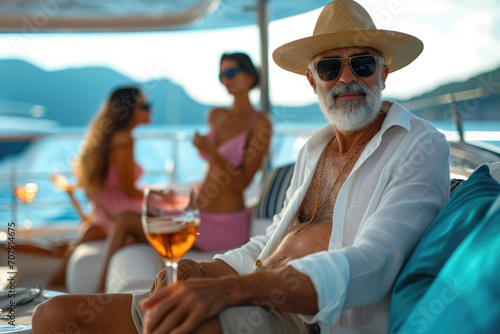 Wealthy senior man at luxury yacht party, billionaire summer cruise vacation, with beautiful girls in bikinis