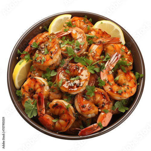 Bowl of delicious shrimps with lemon and parsley on transparent background