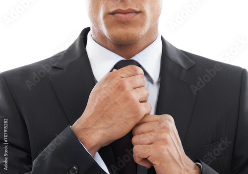Business man, hands and fixing tie in studio, corporate fashion and preparation for job interview. Male professional, closeup and formal clothing or lawyer by white background, suit and confidence