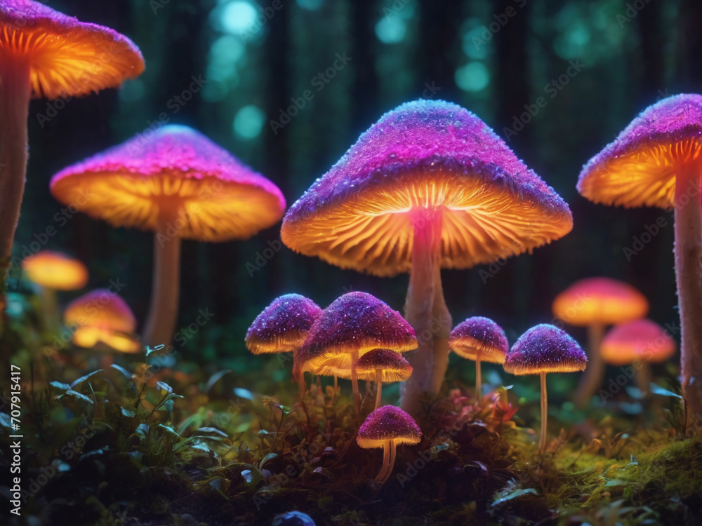 Magical neon mysterious mushrooms. Growing microorganisms. Fluorescent Fantasy - generated by ai Magical neon mysterious mushrooms. Growing microorganisms. Fluorescent Fantasy - generated by ai