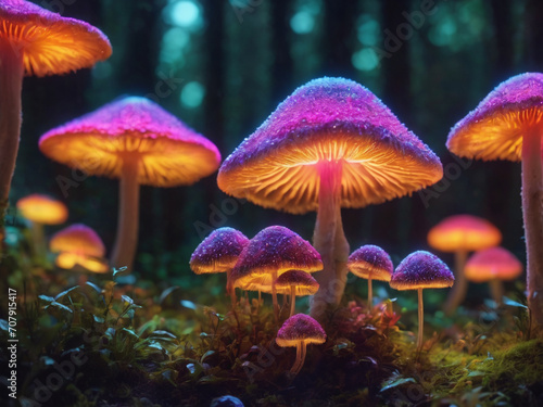 Magical neon mysterious mushrooms. Growing microorganisms. Fluorescent Fantasy - generated by ai