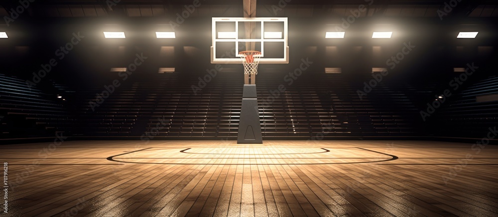 A basketball court with a ball in motion and stadium lights. - obrazy, fototapety, plakaty 